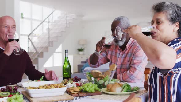 Diverse senior couples sitting by a table drinking wine and eating dinner alt