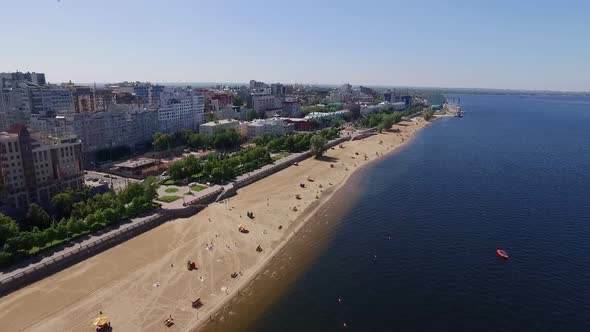 Top View on City From Drone Beautiful River Sandy Beach on Coast and City Panorama