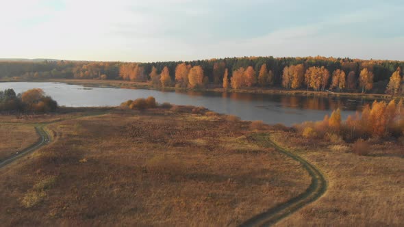 Aerial Top View: Flying Over Beautiful Autumn Bright Forest and Lake on Sunny Day alt
