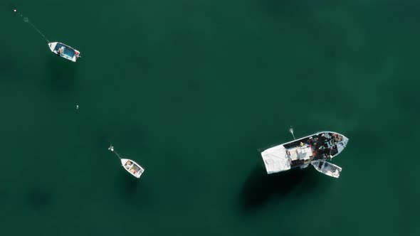 Aerial View of a Large Vessel and Small Crafts Within Turquoise Ocean Waters alt