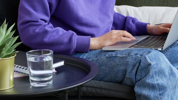 Woman uses a laptop sitting in the living room. alt
