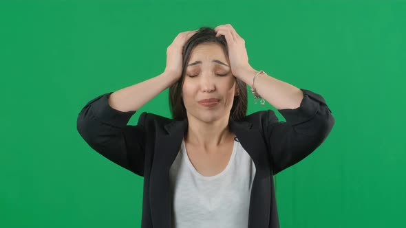 Horrible, Stress, Shock, Female Portrait Isolated at Green Screen Background, Young Emotional alt