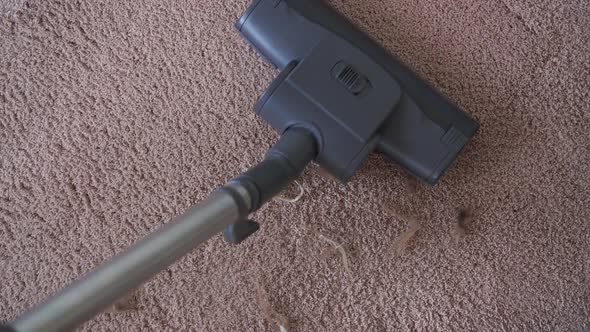 Housewife Vacuuming Carpet at Home