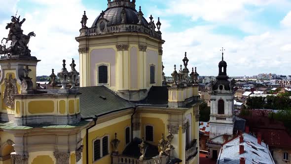 Aerial drone view of a flying over the Catholic Cathedral alt