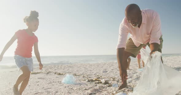 Senior african american couple with grandchildren segregating waste on sunny beach alt