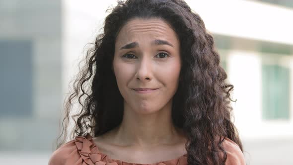 Closeup Female Face Hispanic Brunette Woman Girl Lady Standing Outdoors in City Looking at Camera alt