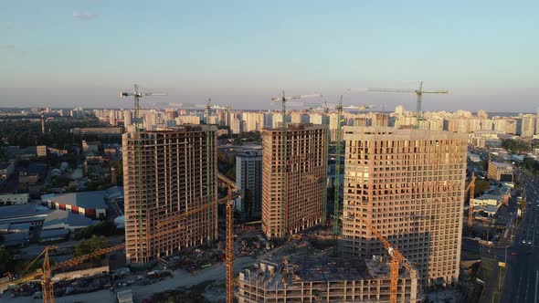 Aerial View of the Construction of a New Modern Residential Complex Near the River Kyiv Ukraine