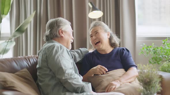 old senior asian retired couple enjoy talking conversation together on sofa with happiness