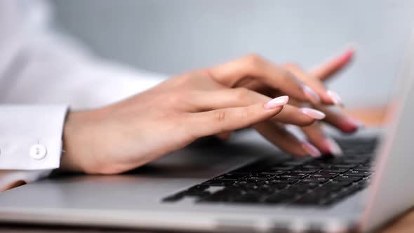 Closeup Female Employee Hands Typing on Keyboard Use Laptop at Office alt