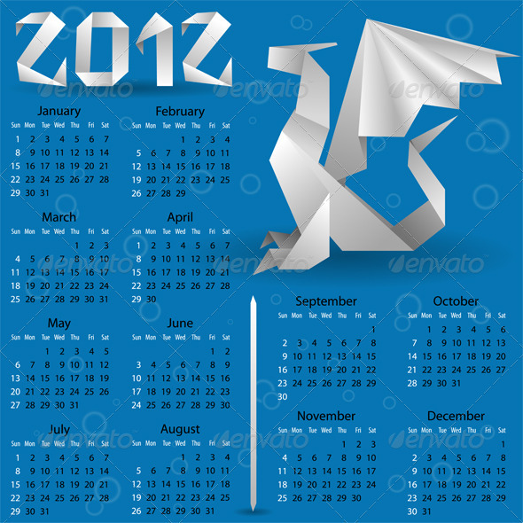 Calendar for 2012 with Origami Dragon