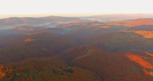 Aerial View Beautiful Landscape in the Mountains at Sunrise of Foggy Hills Covered By Forest alt