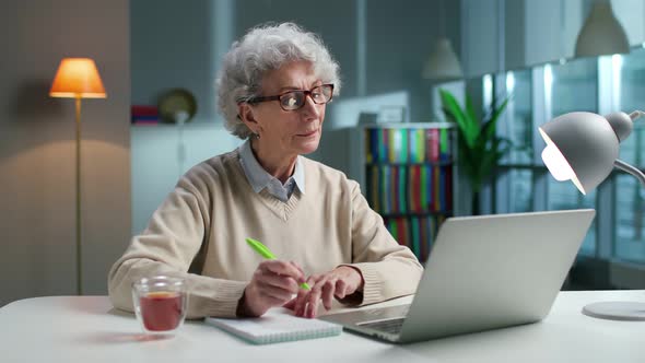 Senior Woman Learning Online Sitting at Desk in Modern Living Room at Home alt