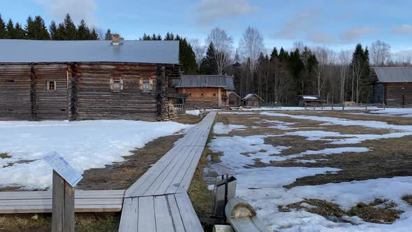 Architectural ethnographic museum complex Semenkovo, spring. Old wooden peasant houses Russia 4K alt