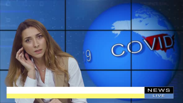 Female Anchorwoman, News Presenter Talking About Covid-19 in Broadcasting Studio