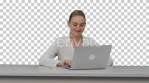 Happy businesswoman enjoy working on laptop, Alpha Channel