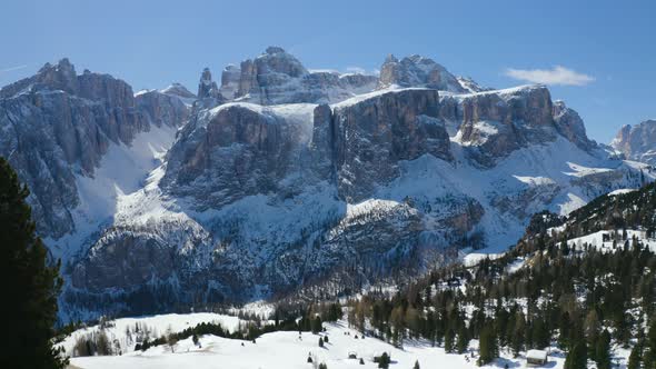 Aerial, Breathtaking View On Snowy Dolomites Mountains, Huge Peaks And Beautiful Winter Landscape