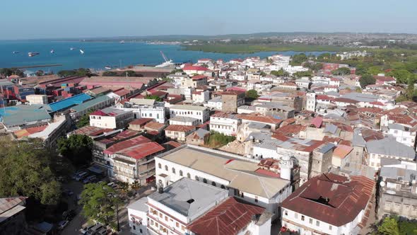 Aerial View of Stone Town Zanzibar City Slum Roofs and Poor Streets Africa alt