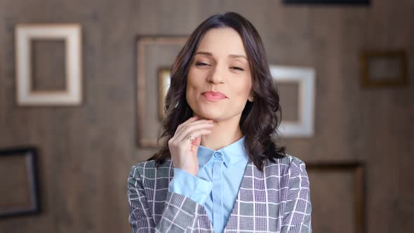 Pretty Successful Casual Girl Wearing Trendy Office Jacket Posing Looking at Camera Medium Closeup alt