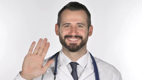 Portrait of Doctor Waving Hand to Welcome alt