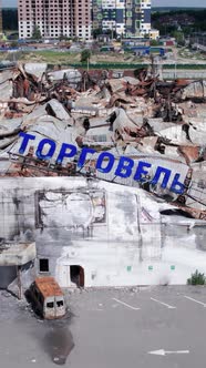 Vertical Video of a Destroyed Shopping Mall During the War in Bucha Ukraine alt
