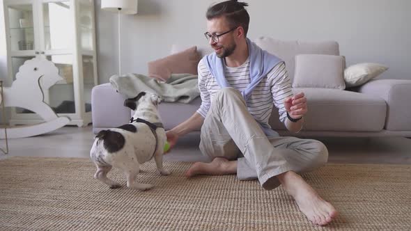 A Smiling Guy Sitting on the Floor Playing Ball with French Bulldog