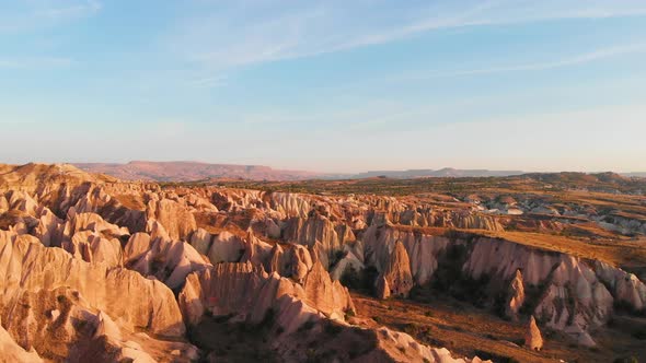 Cappadocia Aerial Drone View to Sunset Red and Rose Valley Rocks Goreme Turkey alt