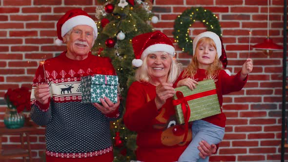 Happy Senior Couple Grandparents with Granddaughter Holding Lit Bengal Christmas Lights Sparklers alt