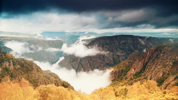 Mountain View. Clouds Over River Sil Canyon, Galicia Spain. Timelapse