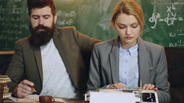 Bearded University Professor Preparing for Class, Retro Education and Knowledge Concept, Typewriter alt