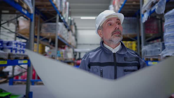 Portrait of Focused Handsome Senior Bearded Man in Hard Hat Walking in Warehouse with Paperwork alt