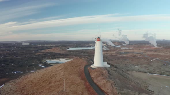 Aerial View of the Lighthouse at Reykjanes Peninsula During Sunset. Iceland in Early Spring