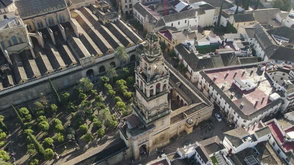 Top view over bell tower and courtyard of Mosque-Cathedral of Cordoba