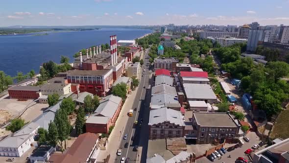 Russian City on Volga River Aerial View at Sunny Summer Day