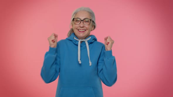 Senior Old Granny Woman Wish for Good Luck Waiting Lottery Winning Great Fortune Happy Celebrating alt