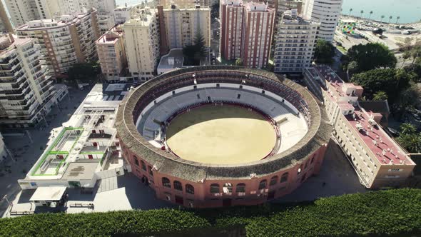 Plaza de toros la Malagueta, Malaga in Spain. Aerial top-down circling