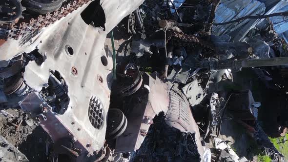 Vertical Video of a Destroyed Military Hardware in Bucha Ukraine alt