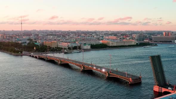 The Aerial Video of the Divorced Trinity Bridge Over the Neva River Annual Celebration of alt