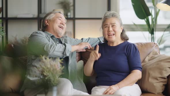 senior asian retired couple enjoy talking conversation together on sofa with happiness