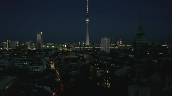 AERIAL: View of Empty Berlin, Germany Cityscape Skyline at Night with ...