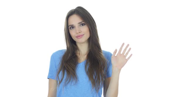 Hi, Hello, Woman Waving Hand, Welcome, White Background alt