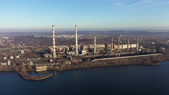 Aerial View of Coal-Fired Power Plants in a Large Area Near the River