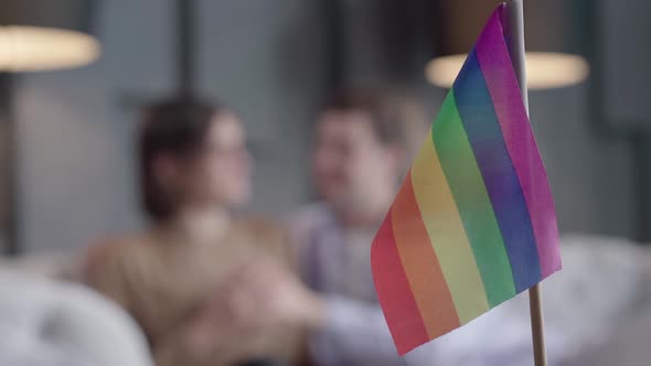 Rainbow Lgbt Flag at Front and Blurred Gay Couple Talking at the Background. Symbol of Same Sex Love alt