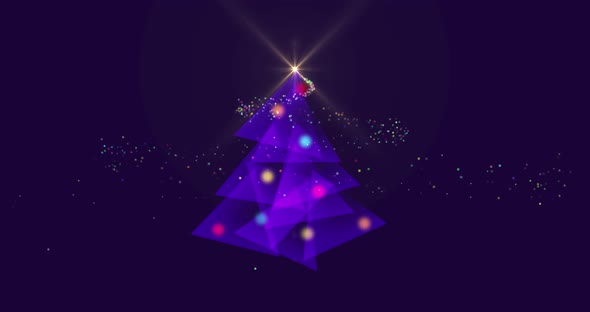 Animation of a glowing purple Christmas tree and Christmas decorations on purple background alt