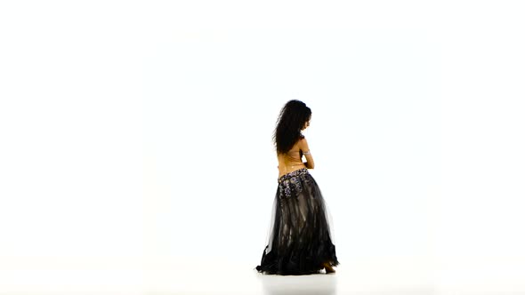 Beautiful Young Exotic Belly Dancer with Long Dark Hair in Unusual Suit Dancing, Wave of Hair, on alt