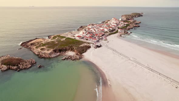 Aerial View of Baleal Peninsula with Incredible Beach in West Coast of Portugal alt