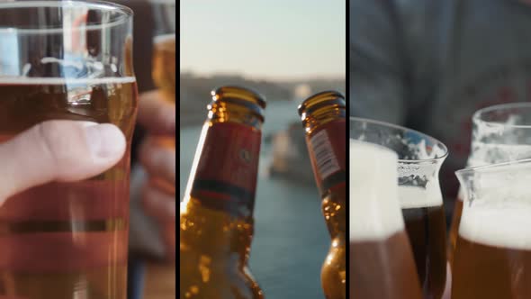 Celebration Beer Cheers Happy Concept Collage Multicam Multi Camera Close Up Hands Holding Up alt