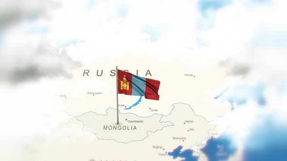 Mongolia Map And Flag With Clouds
