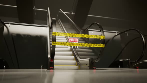 Broken escalator with caution yellow tape and warning sign. Out of order. alt