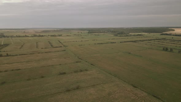 Empty fields after reaped gathered harvest crop, Flying straight motion green fields landscapes in D alt