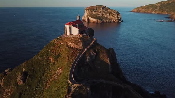 Aerial View of the Island and the Gaztelugatxe Temple. Northern Spain in Summer